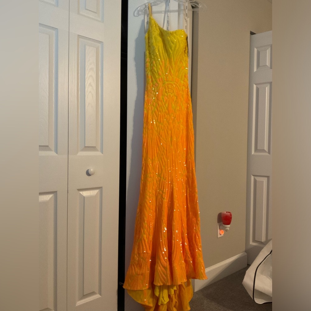 Never worn, Jovani sequined floor length gown, size 8, yellow/orange GORGEOUS